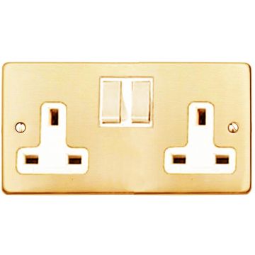 Gala Elite 2 Gang 13A Switched Socket White Trim-Polished Brass Lacquered
