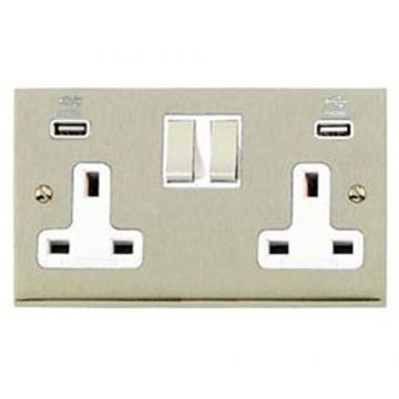 Gala Elite 2 Gange 13A Switched Socket Wiith Integrated USB-Satin Nickel Plate