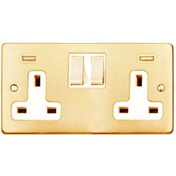 Gala Elite 2 Gange 13A Switched Socket Wiith Integrated USB-Polished Brass Lacquered