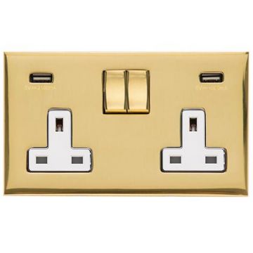 Winchester 2 Gang 13A Switched Socket with Integrated USB-Polished Brass Lacquered