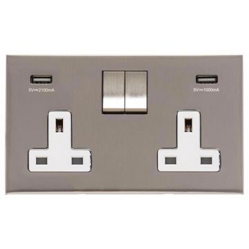 Winchester 2 Gang 13A Switched Socket with Integrated USB-Satin Nickel Plate