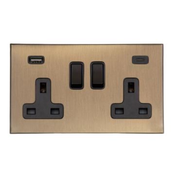 Heritage Windsor 2 Gang 13A Switched Socket With Integrated USB A+C Brushed Antique Brass