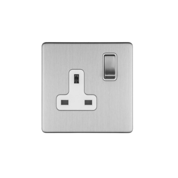 E-Lite Concealed 3 mm 1 Gang 13A Switched Socket WH Satin Stainless Steel