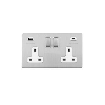 E-Lite Concealed 3 mm 2 Gang 13A Sw/Socket With Integrated Usb A+C Satin Stainless Steel