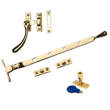 Pear Casement Window Set 254 mm - with Locking Pin Polished Brass Lacquered