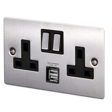 13A 2 Gang Switched Socket 2.1A Dual USB Satin Stainless Steel Plate