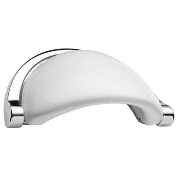 White Ceramic Cup Drawer Pull Handle 107 mm Polished Chrome Plate
