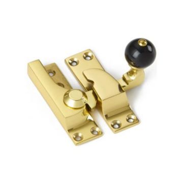 Straight Arm Sash Window Fastener 74 mm with Black Knob Polished Brass Lacquered