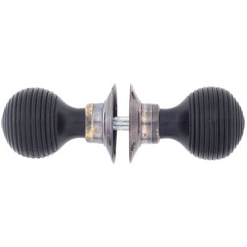 Ebony Wood Beehive Door Knobs with Aged Brass Roses Standard finish