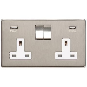 Heritage Studio 2 Gang 13 amp Switched Socket White Trim with USB Ports Satin Nickel Plate
