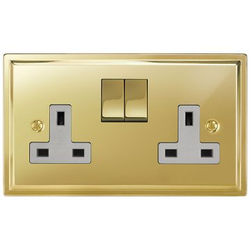 13amp Switched Twin Socket Stepped Edge Polished Brass Lacquered