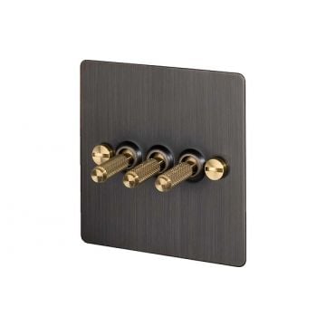 3 Gang Toggle Light Switch Smoked Bronze Plate (Satin Brass Unlacquered)