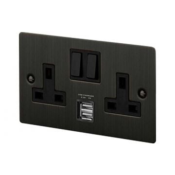 13A 2 Gang Switched Socket 2.1A Dual USB Smoked Bronze Plate