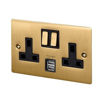 13A 2 Gang Switched Socket 2.1A Dual USB Satin Brass Plate